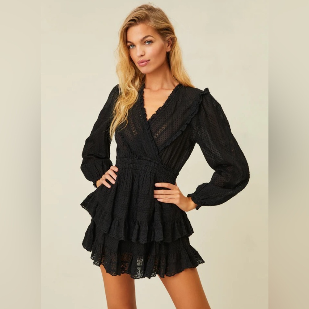 New with Tags LoveShackFancy Milena Black Long Sleeve Mini Dress